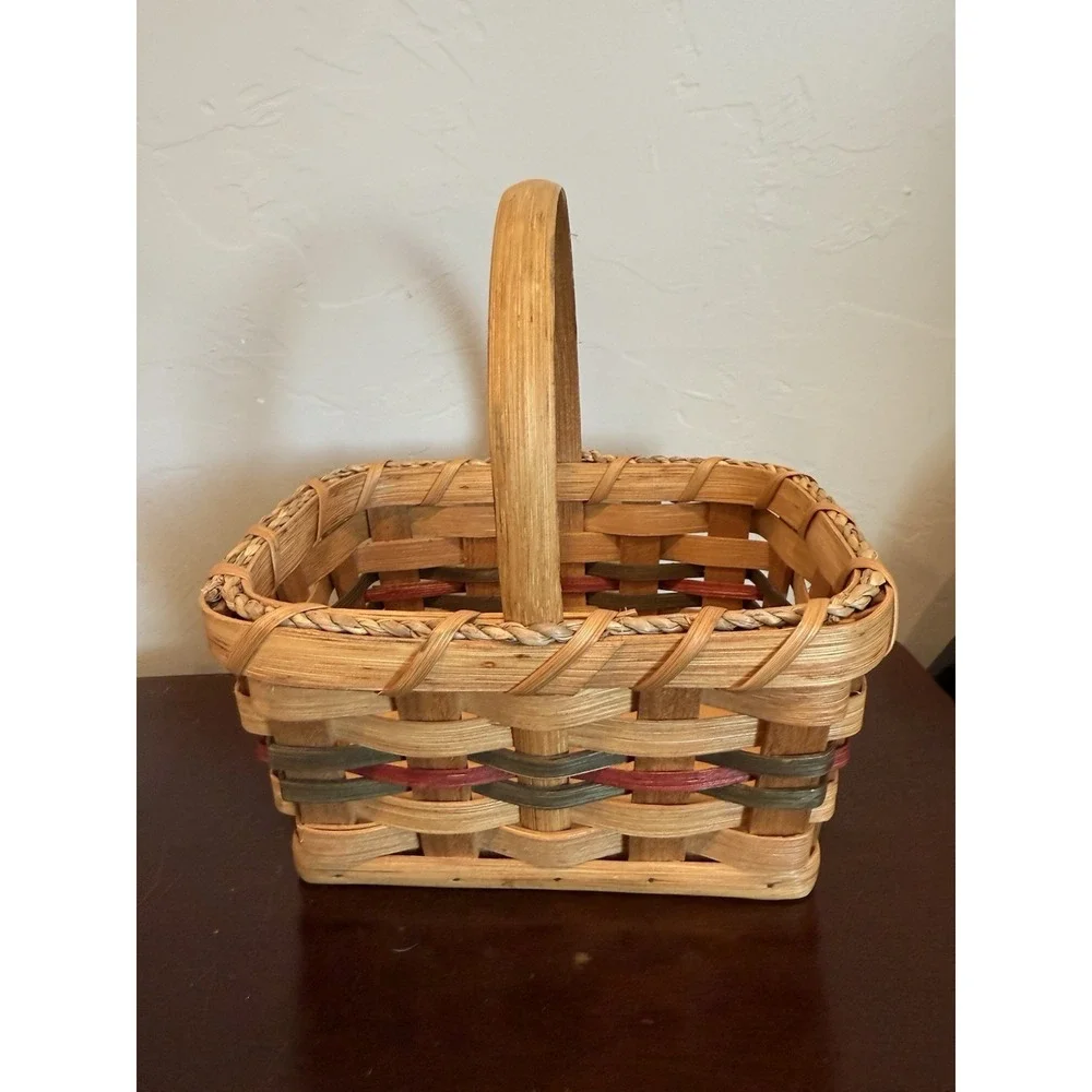 Hand Crafted Woven Double Wine Basket 3 Tone Wood With Handle Signed Dated 2006